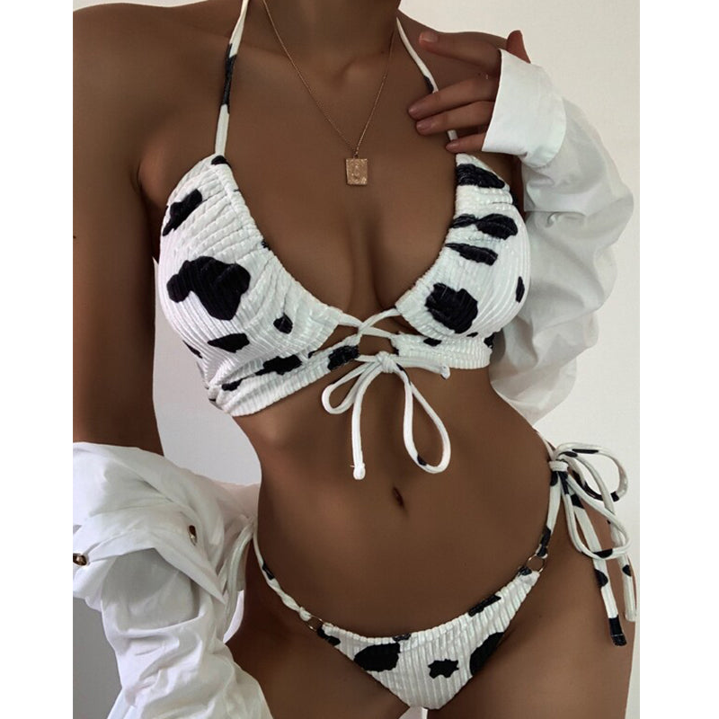 Cow Print Bikini - Velvet Ribbed Swimsuit