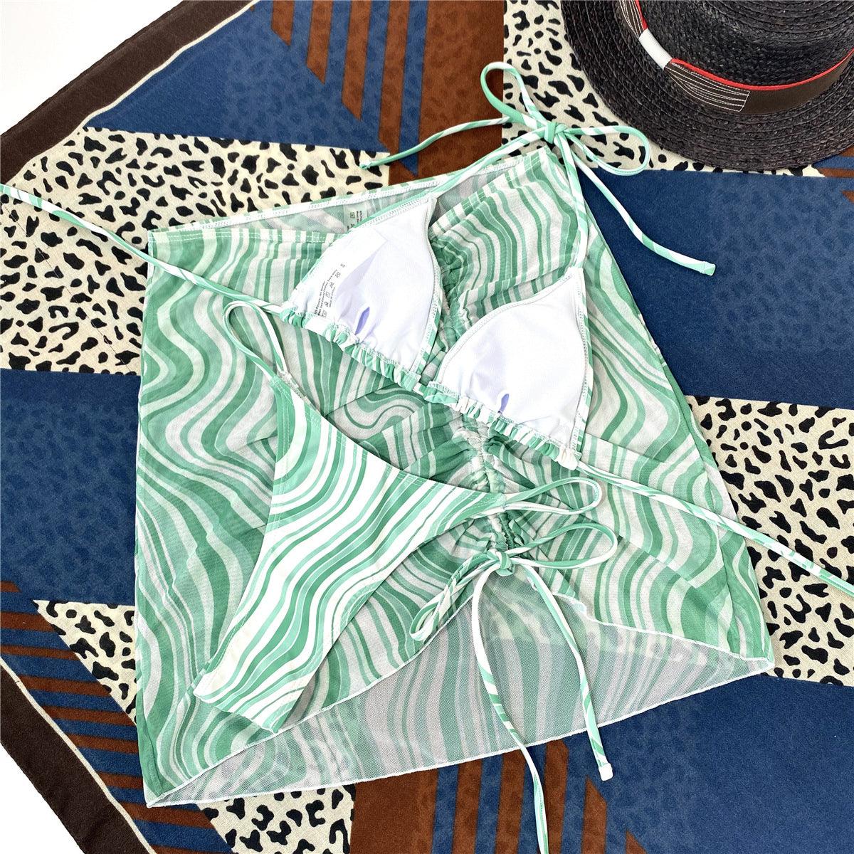 3 Piece Patterned Bikini with Matching Sheer Skirt