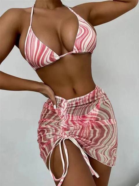 3 Piece Patterned Bikini with Matching Sheer Skirt