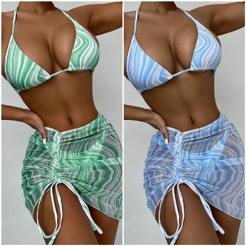 3 Piece Patterned Bikini with Matching Sheer Skirt