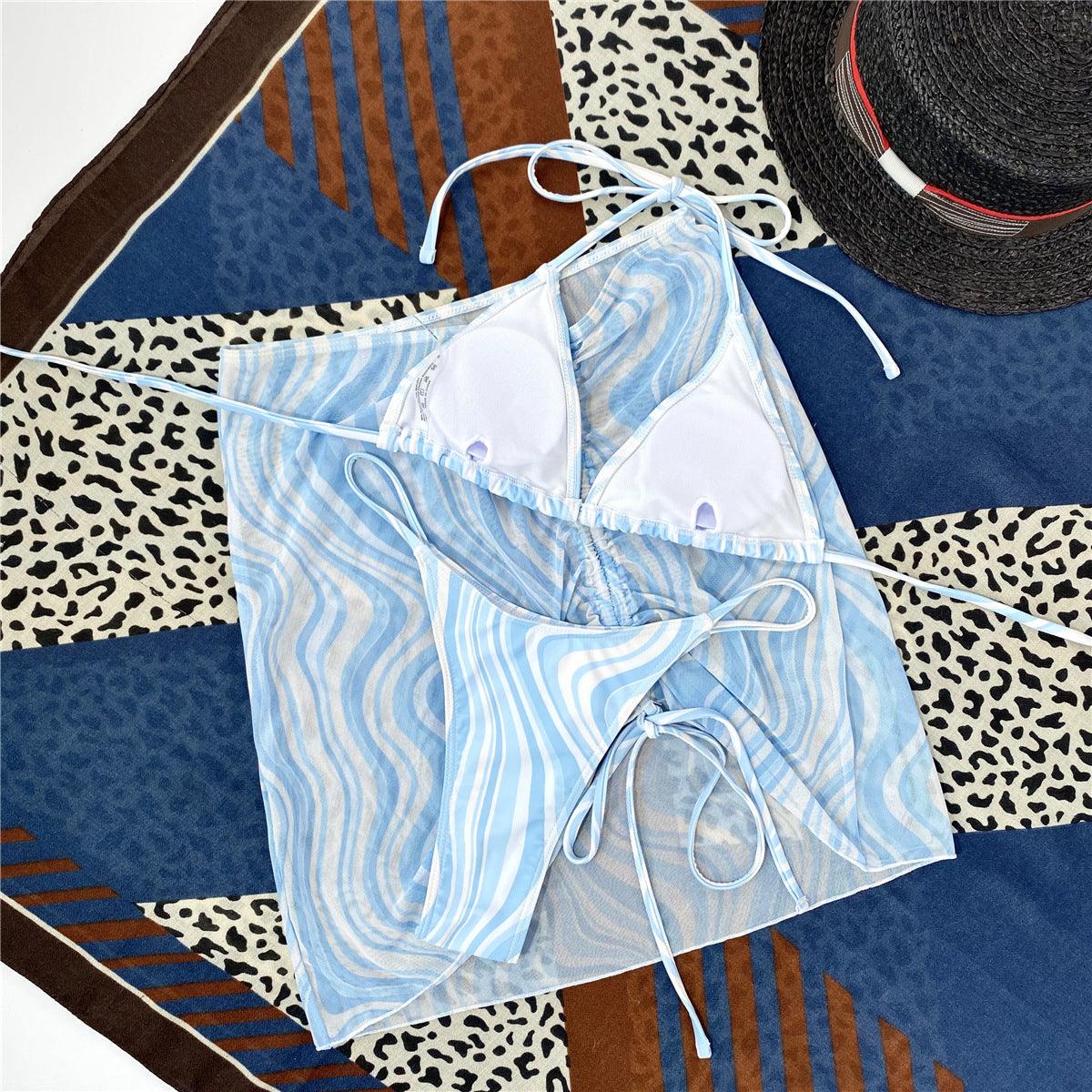 3 Piece Patterned Bikini with Matching Sheer Skirt